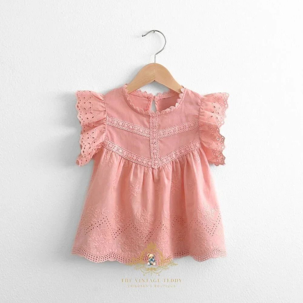 NWT Pretty Girls Blouse Lovely Floral Eyelet Lace Embroidery Bohemian Blush 2T